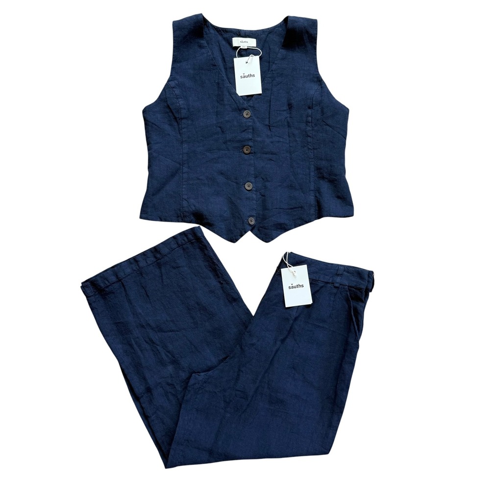 Sauths Navy Blue 100% Linen 2 Piece Set Vest Waistcoat and Wide Leg Pants XL 2XL